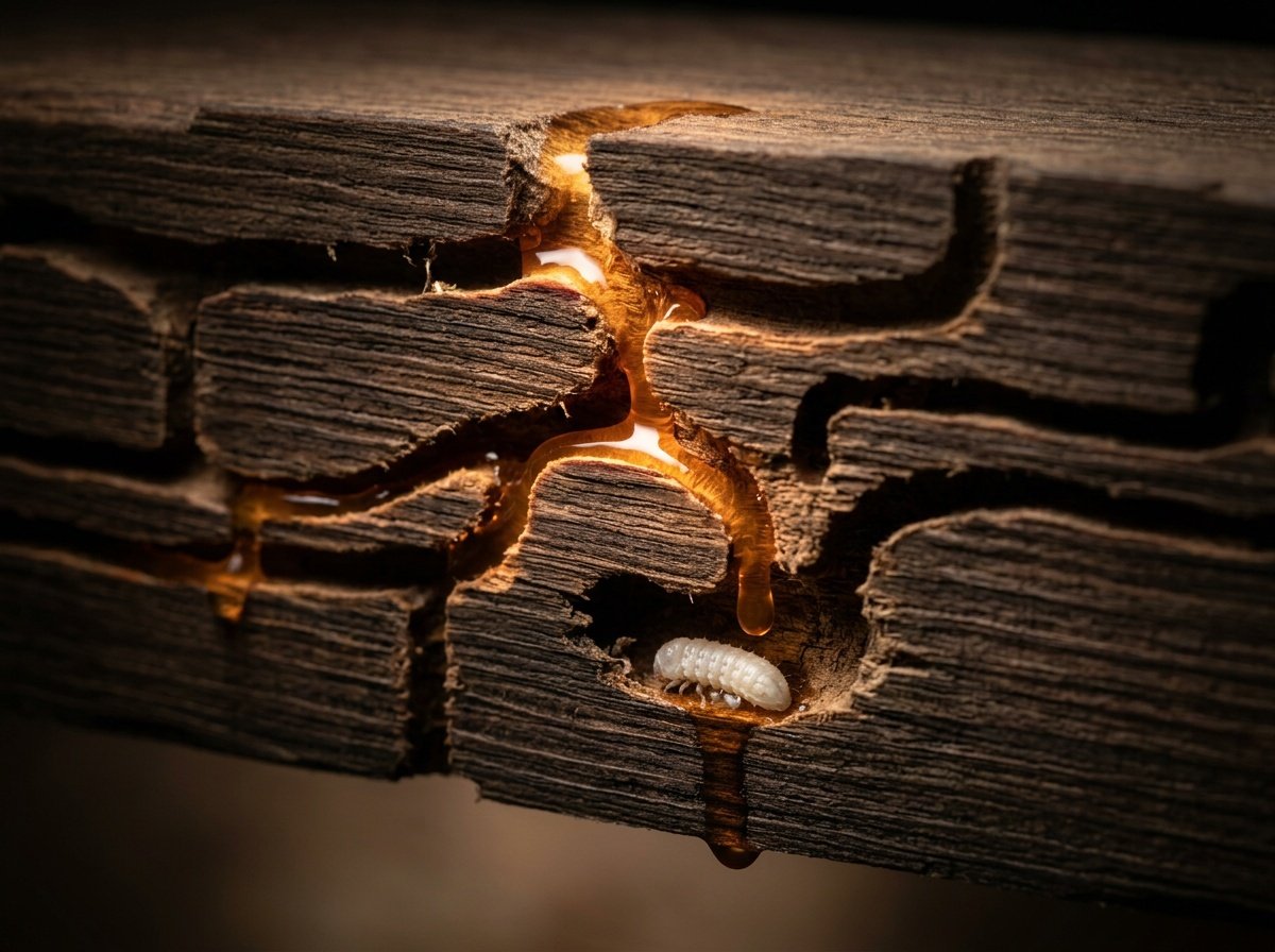 Розріз деревини — Wood Safe проникає у ходи до личинки